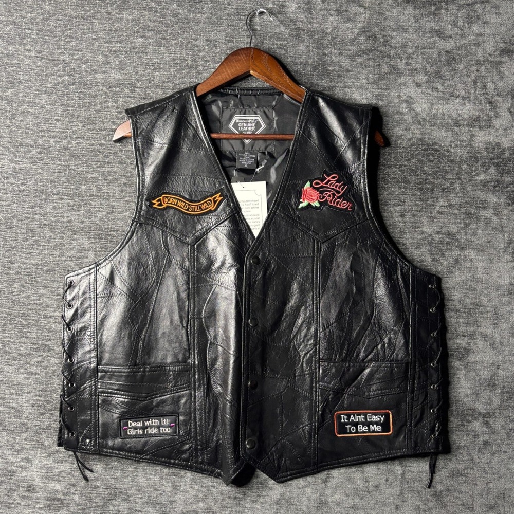 Diamond Plate Genuine Leather Patchwork Biker Vest Lady Patches Black XL NWT